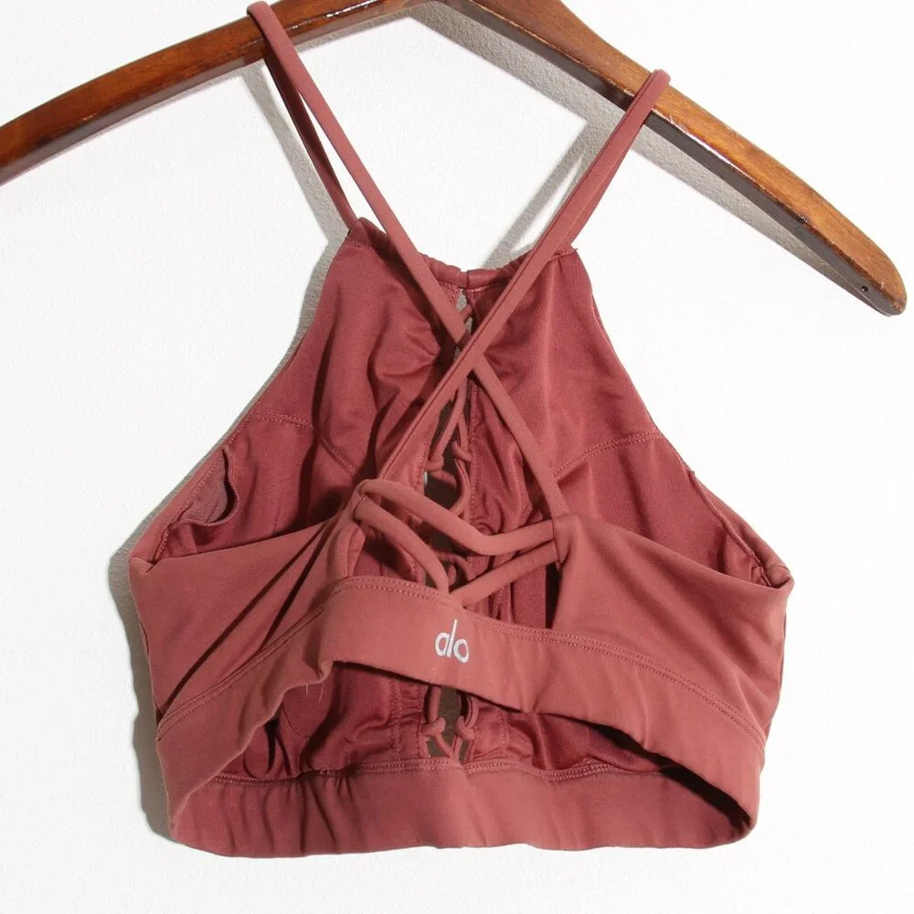 ALO Yoga Starlet Lace Up Front Bra Halter High Neck Earth Strappy Size Small
